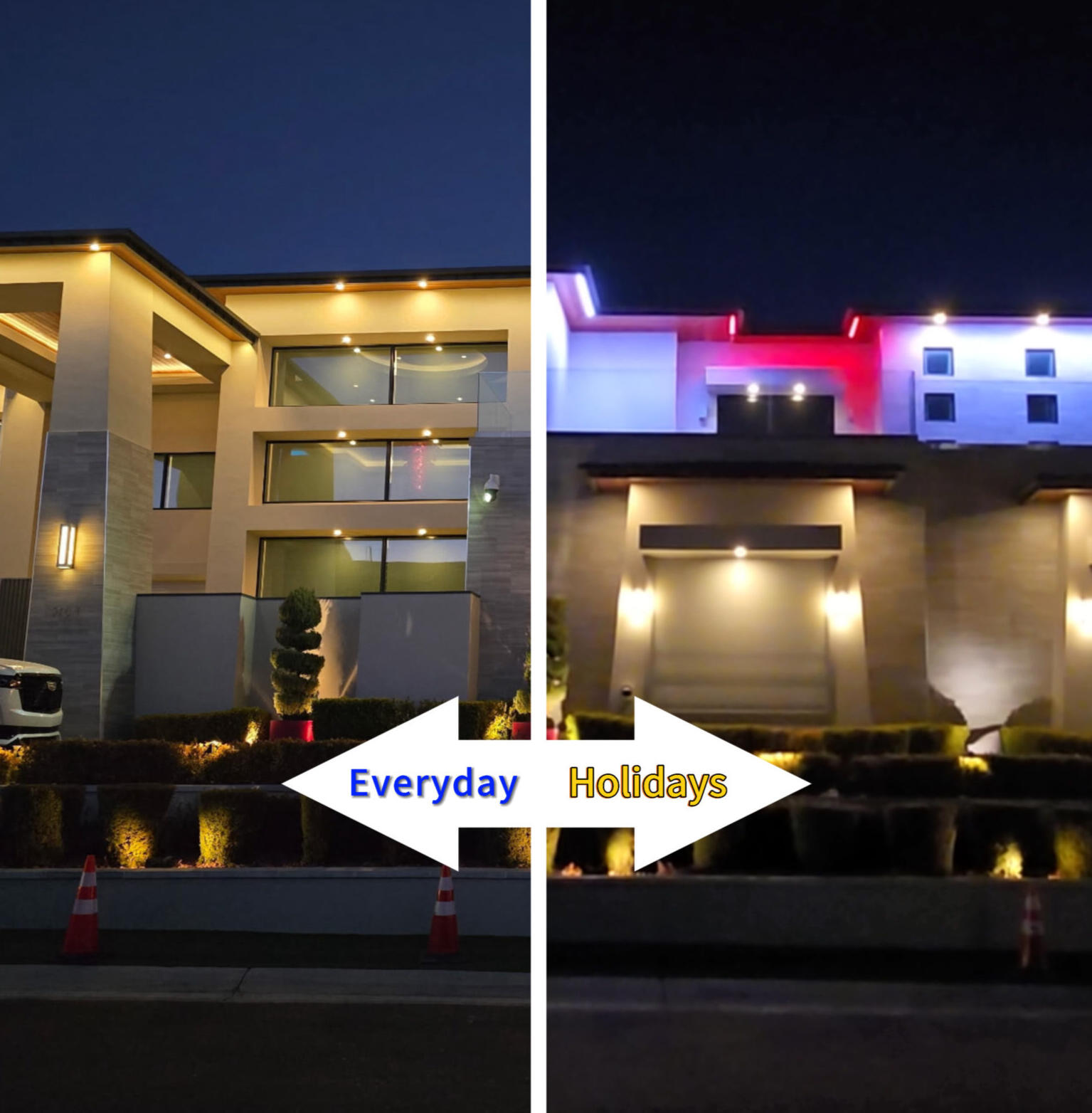Permanent Roofline Lighting Installation Modern Phoenix home with permanent roofline lighting illuminating the exterior at night